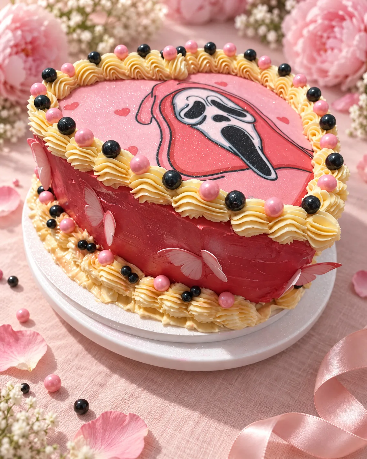 Red heart cake with pink butterflies, buttercream piping and a Ghostface top