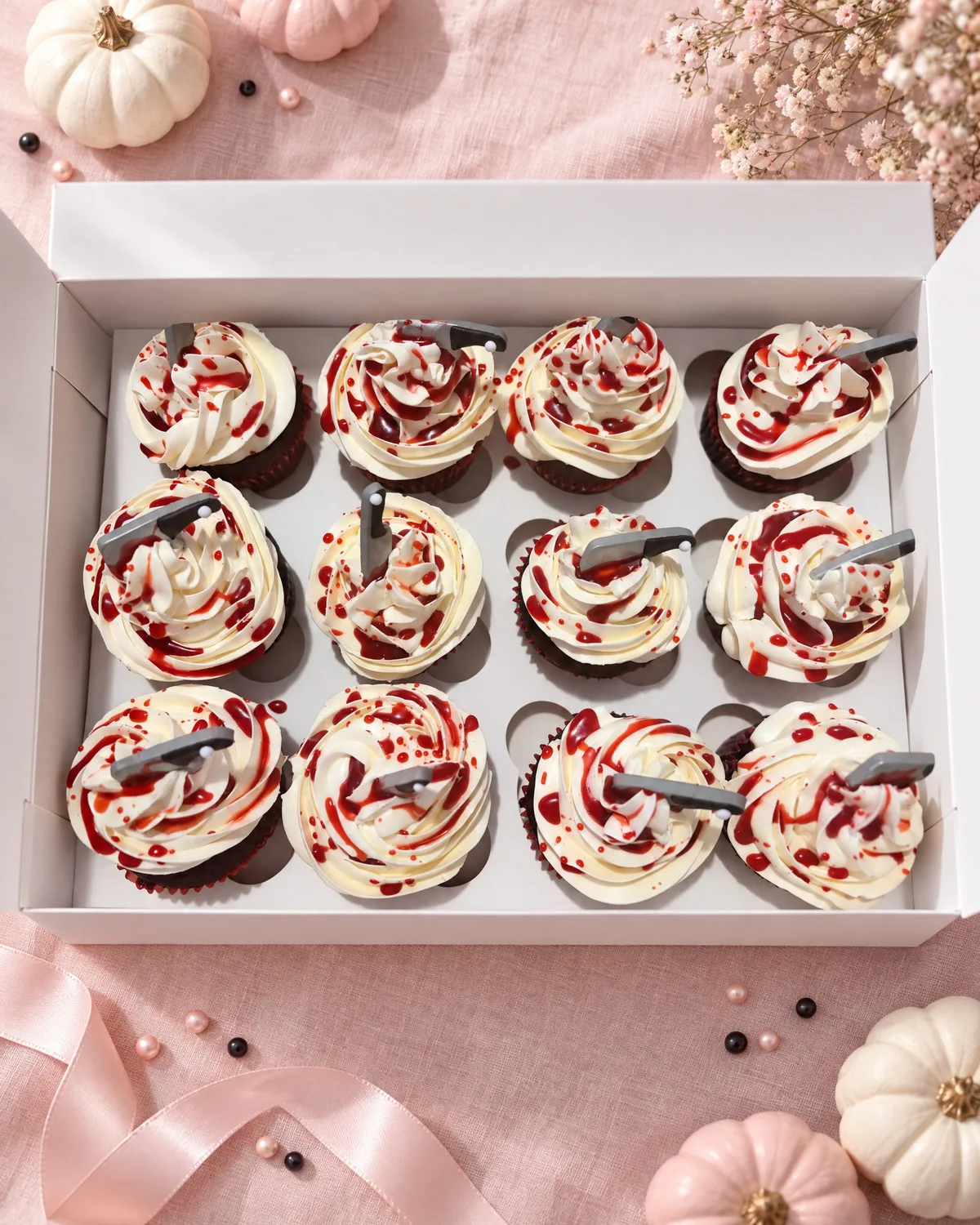 A dozen Halloween cupcakes with white buttercream, red drizzle and little knife toppers