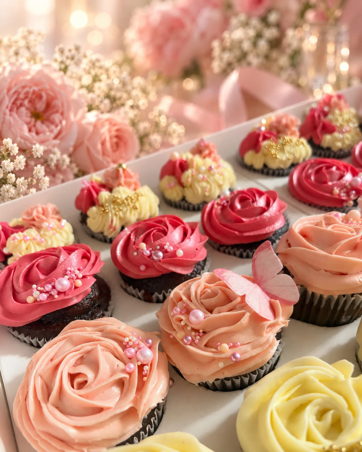 Rose piped cupcakes in hot pink, blush and peach with pearls and a pink butterfly