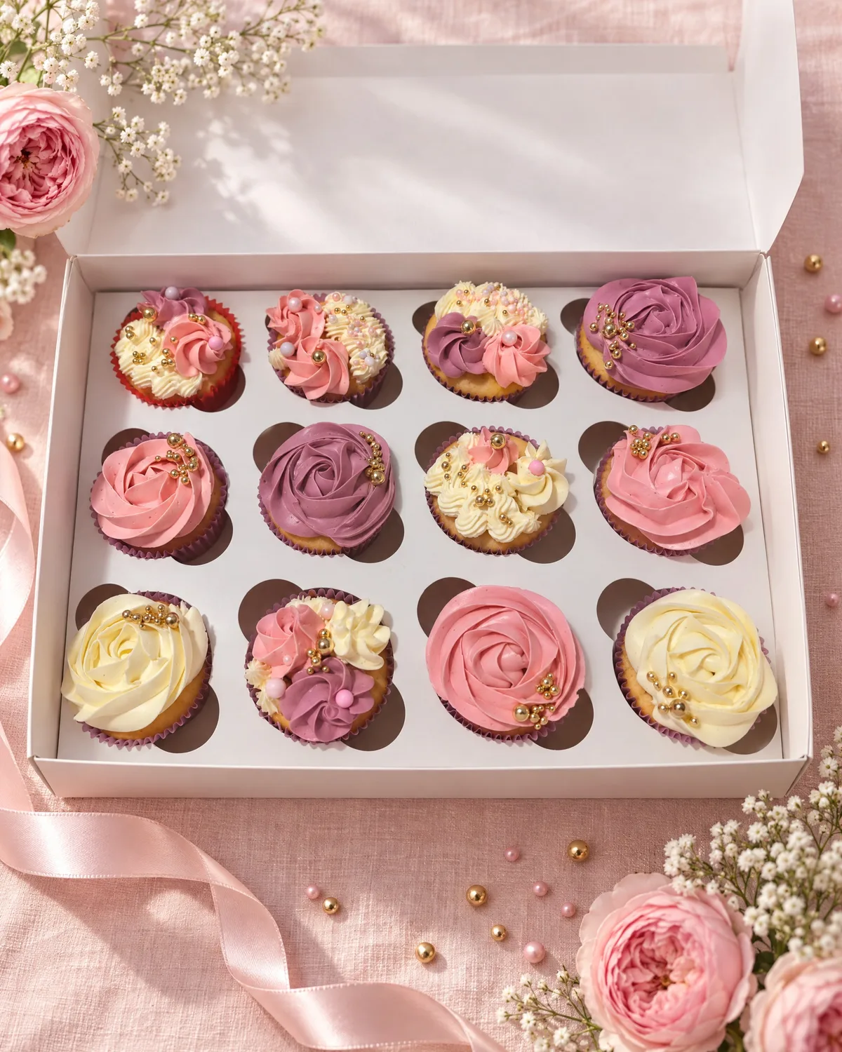 A dozen rose piped cupcakes in pink, mauve and cream with gold pearls