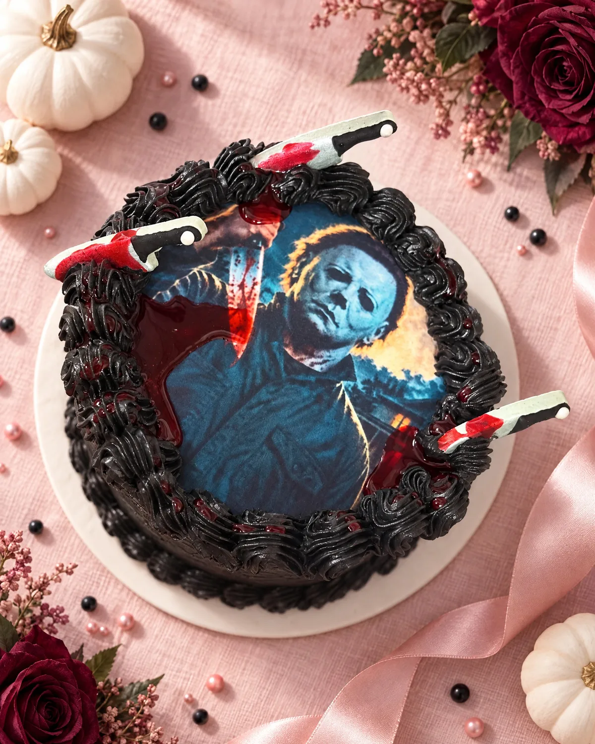 Michael Myers Halloween cake with black buttercream, red drips and knife toppers