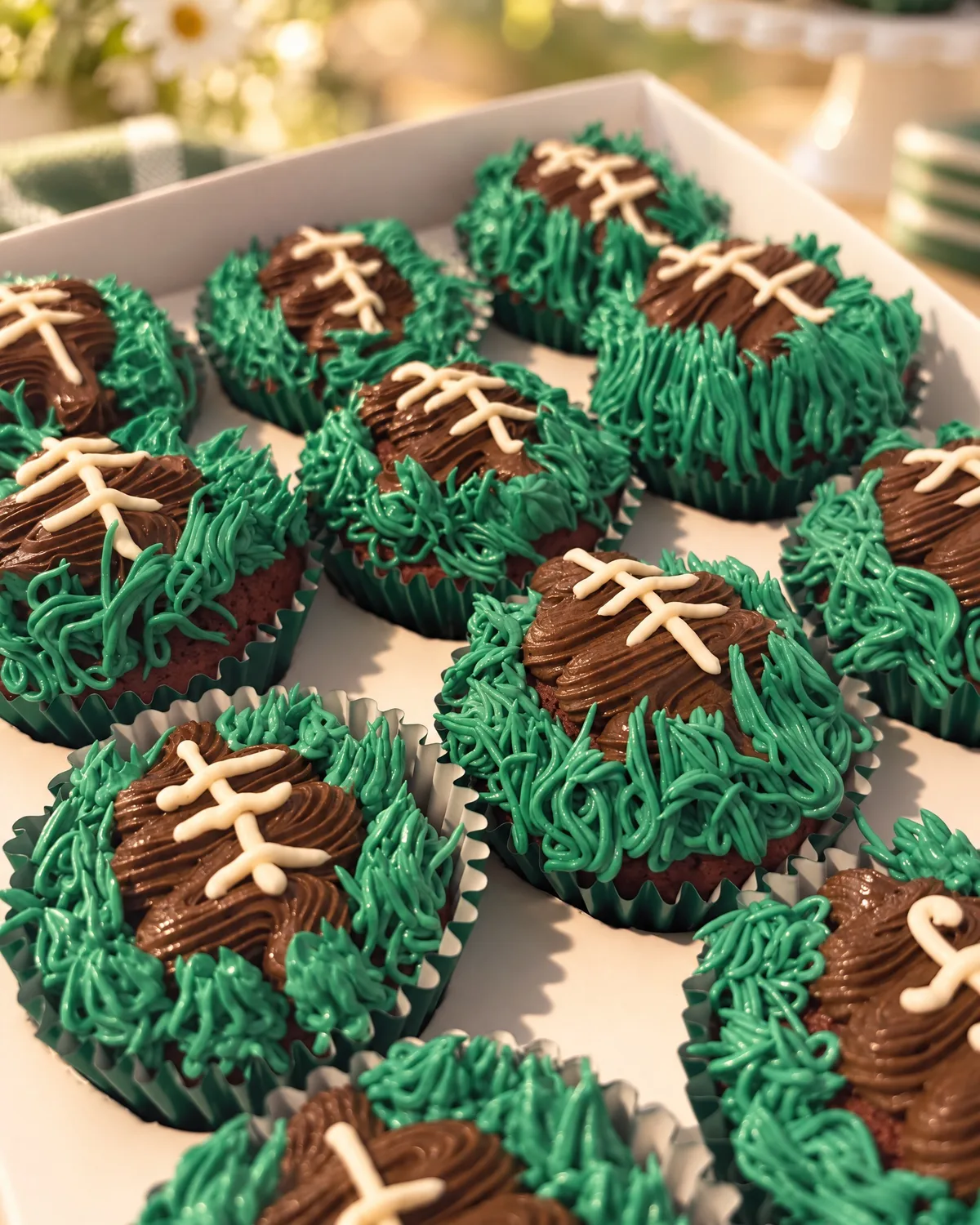 Football cupcakes with green buttercream grass and chocolate footballs with white laces