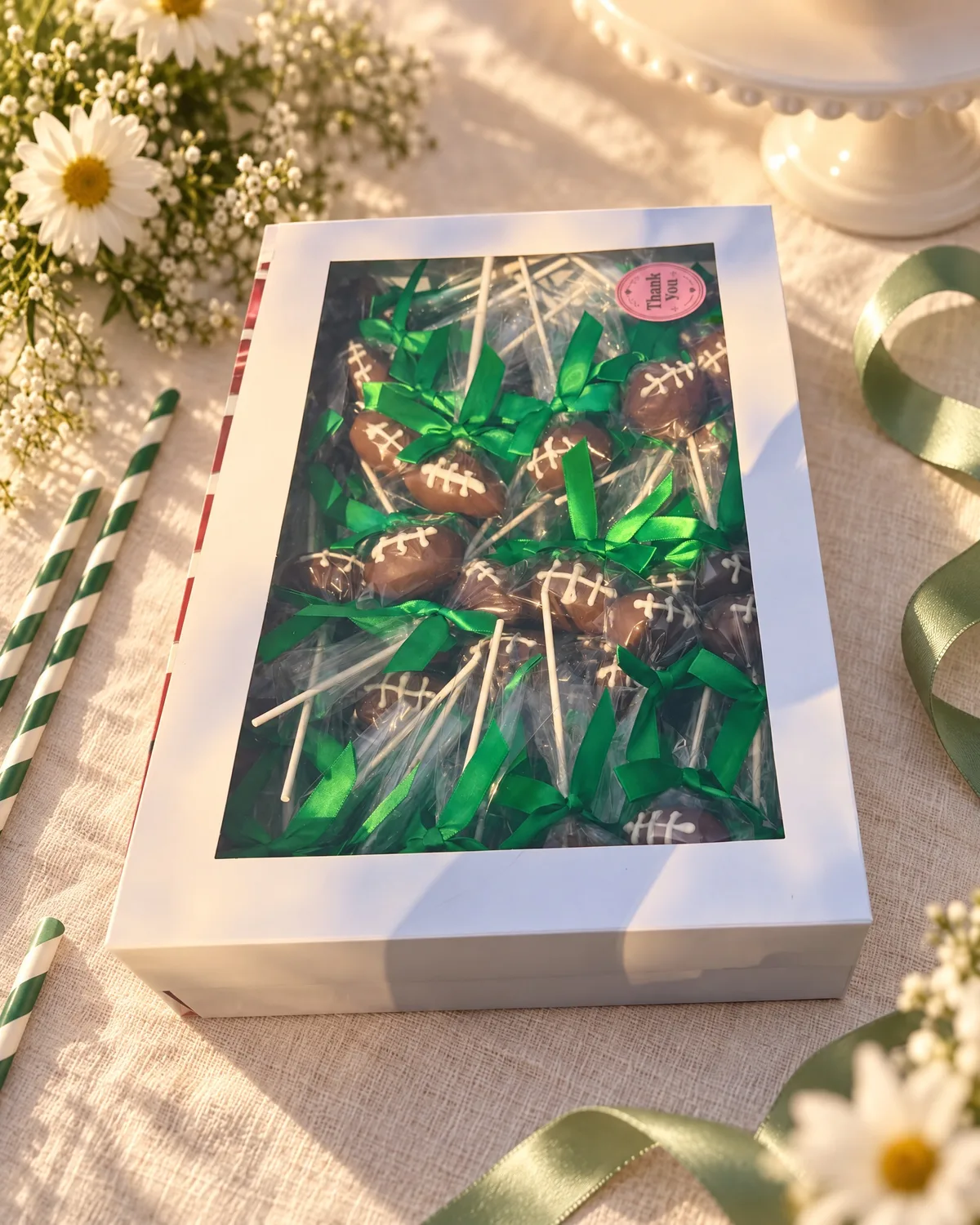 Football cake pops tied with green satin bows in a white window box