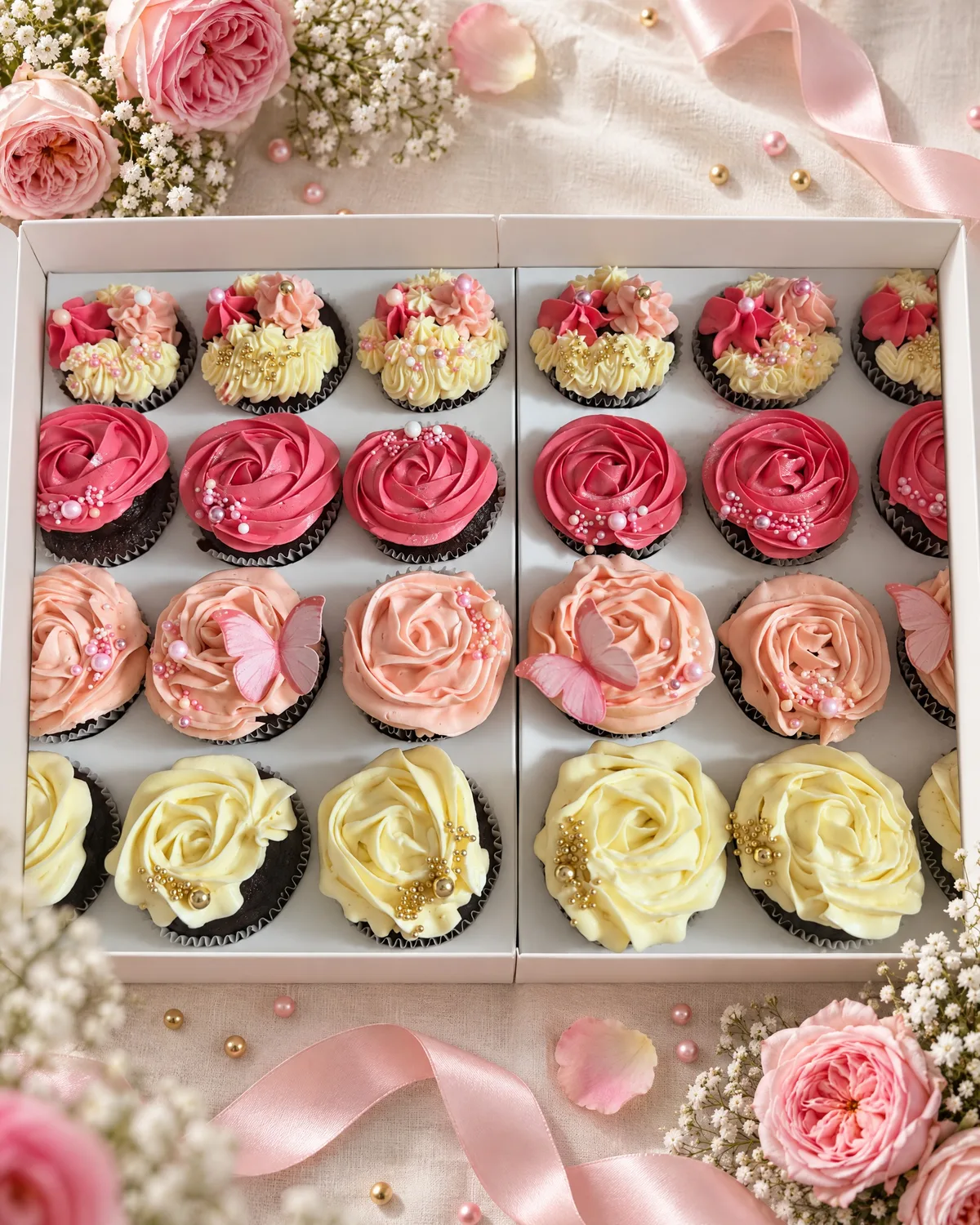 Two boxes of rose piped cupcakes in hot pink, blush and cream with pink butterflies