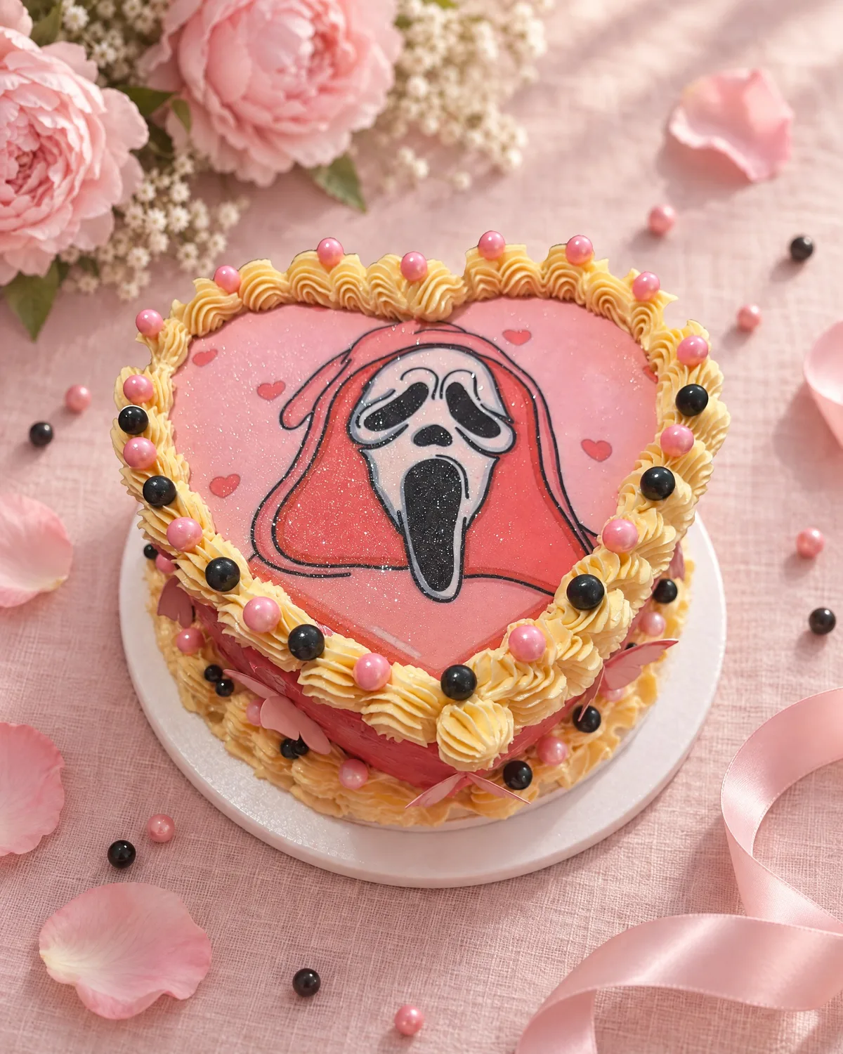 Heart shaped Ghostface cake with buttercream piping and pink and black pearls