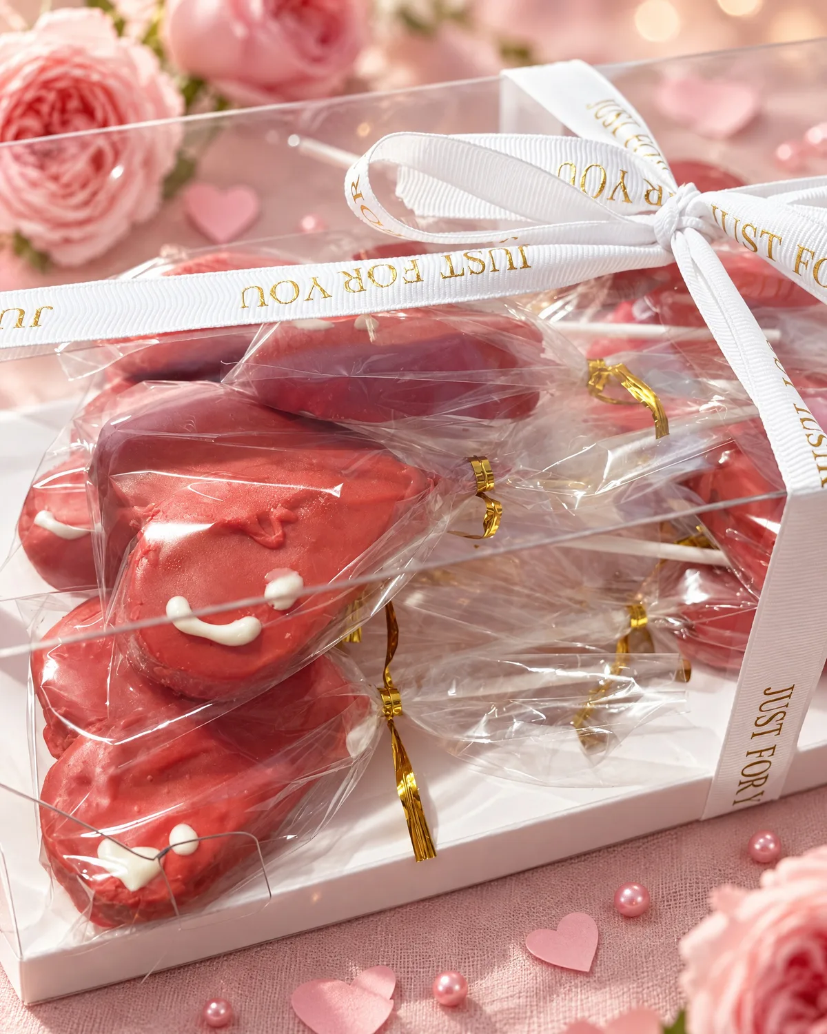 Red heart cake pops with little smiles, wrapped and tied with a Just for you ribbon